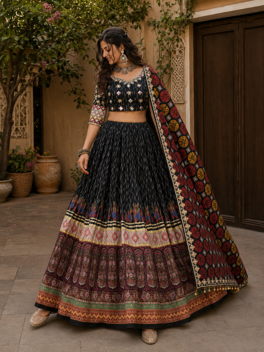 Digital Print Mirror Work Navratri Lehenga Set - Black
