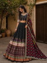 Digital Print Mirror Work Navratri Lehenga Set - Black