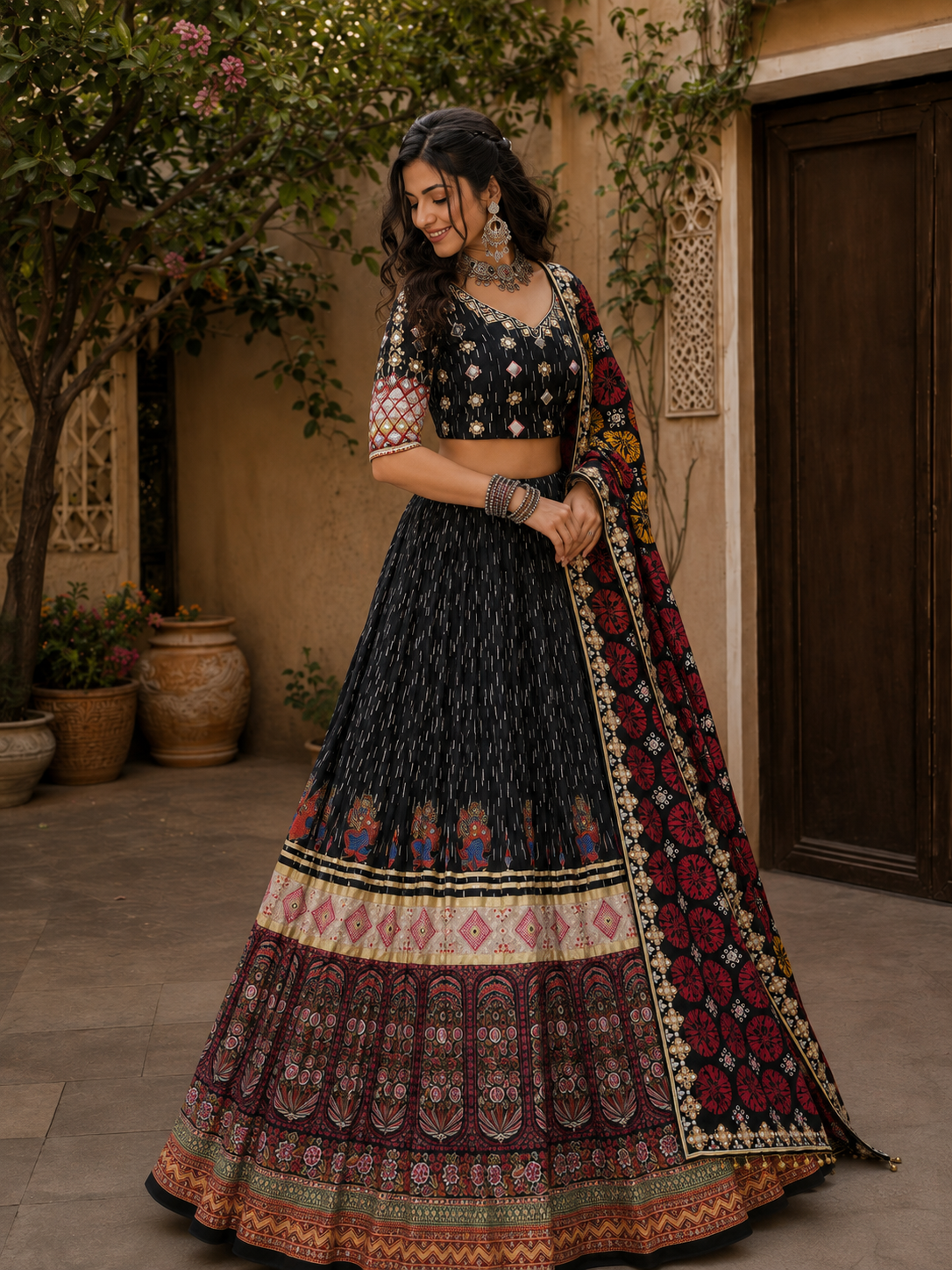 Digital Print Mirror Work Navratri Lehenga Set - Black