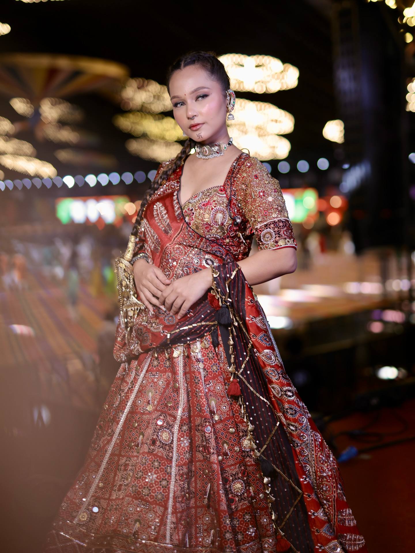 Digital Print Mirror Work Navratri Lehenga Set - Brick