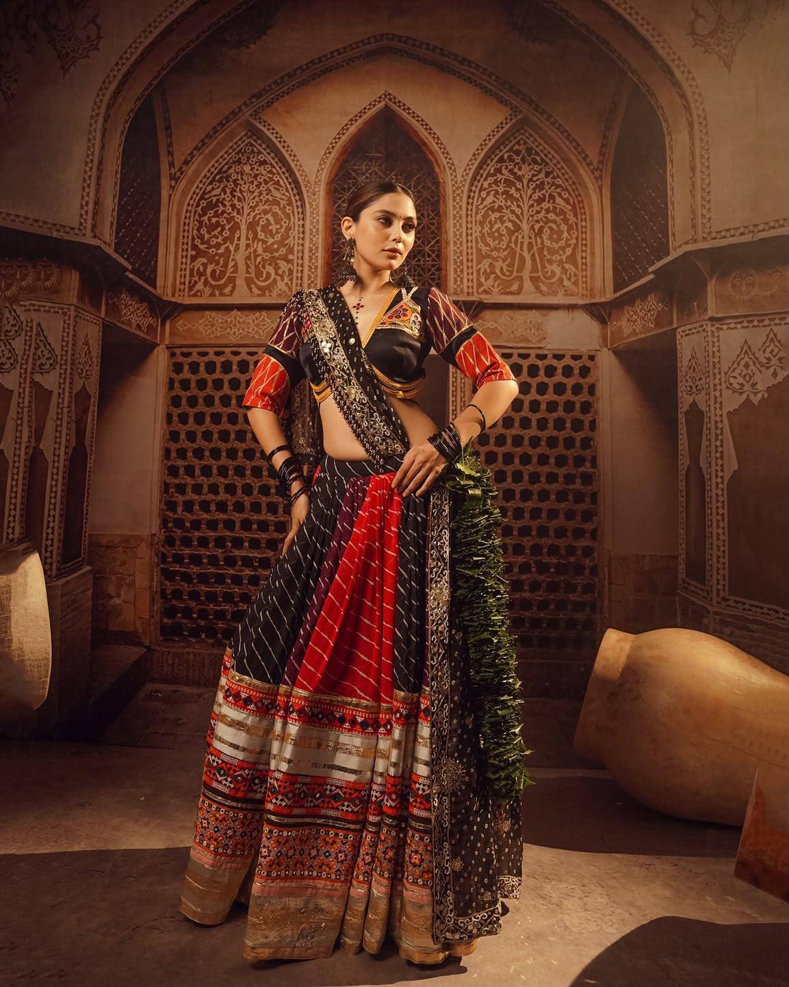 Digital Print Mirror Work Navratri Lehenga Set - Red Black