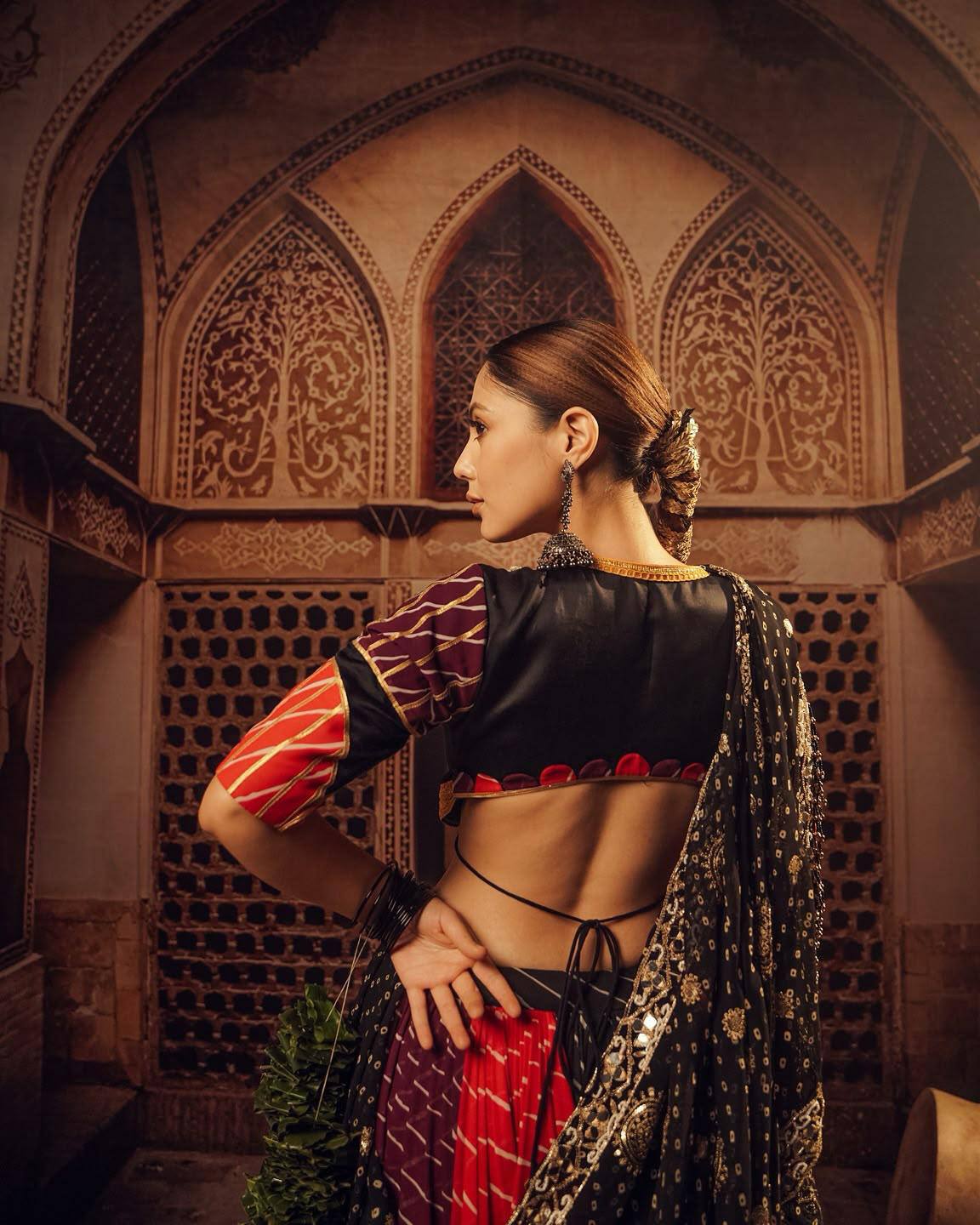 Digital Print Mirror Work Navratri Lehenga Set - Red Black
