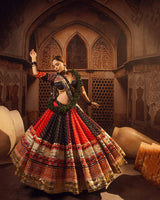 Digital Print Mirror Work Navratri Lehenga Set - Red Black
