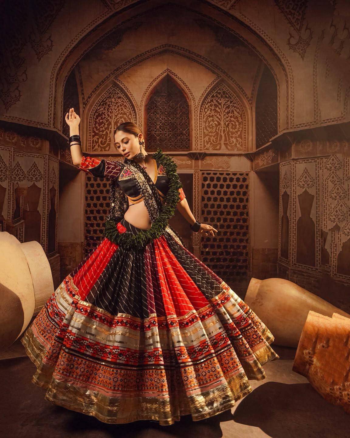 Digital Print Mirror Work Navratri Lehenga Set - Red Black