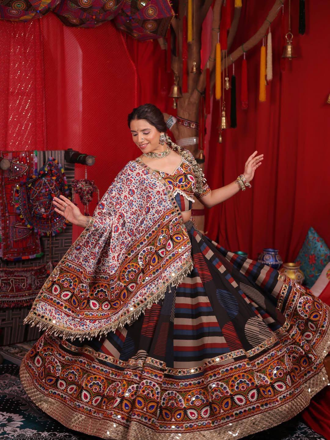 Digital Print Mirror Work Navratri Lehenga Set - Multicolour