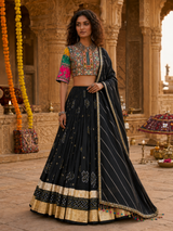 Digital Print Mirror Work Navratri Lehenga Set - Black