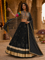 Digital Print Mirror Work Navratri Lehenga Set - Black