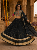 Digital Print Mirror Work Navratri Lehenga Set - Black