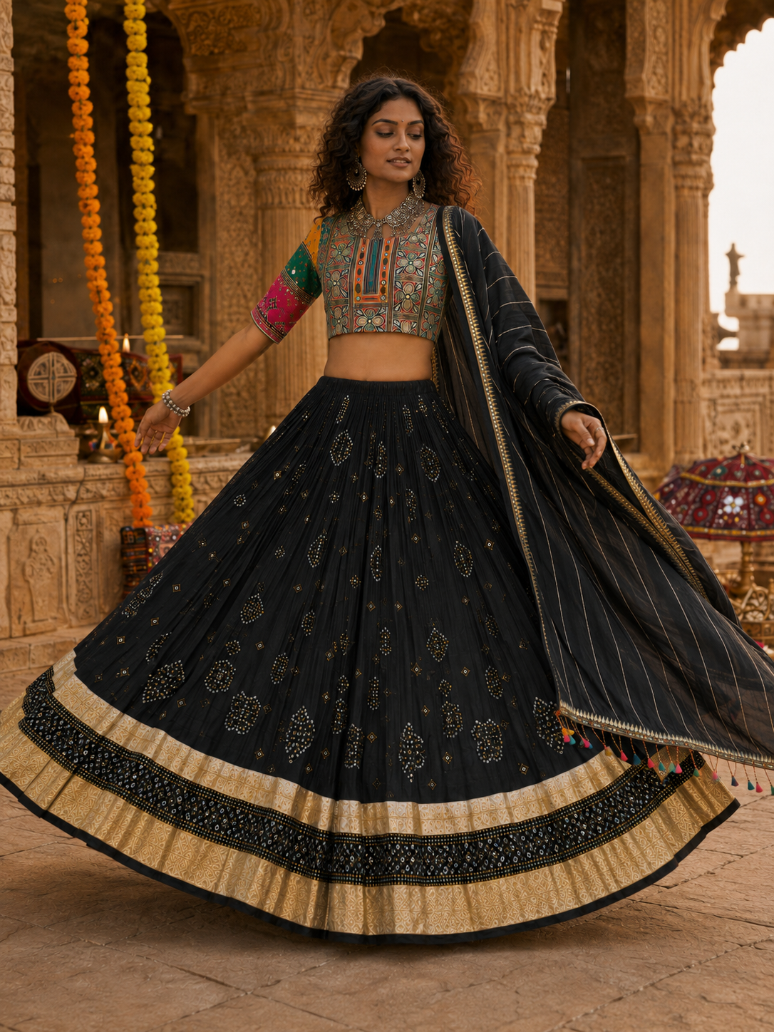 Digital Print Mirror Work Navratri Lehenga Set - Black