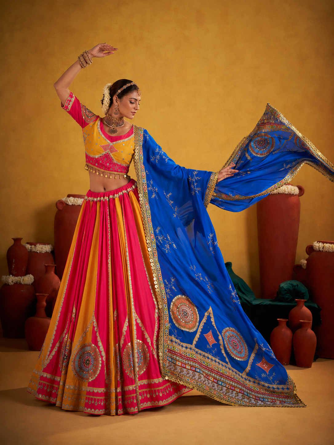 Digital Print Mirror Work Navratri Lehenga Set - Pink Yellow