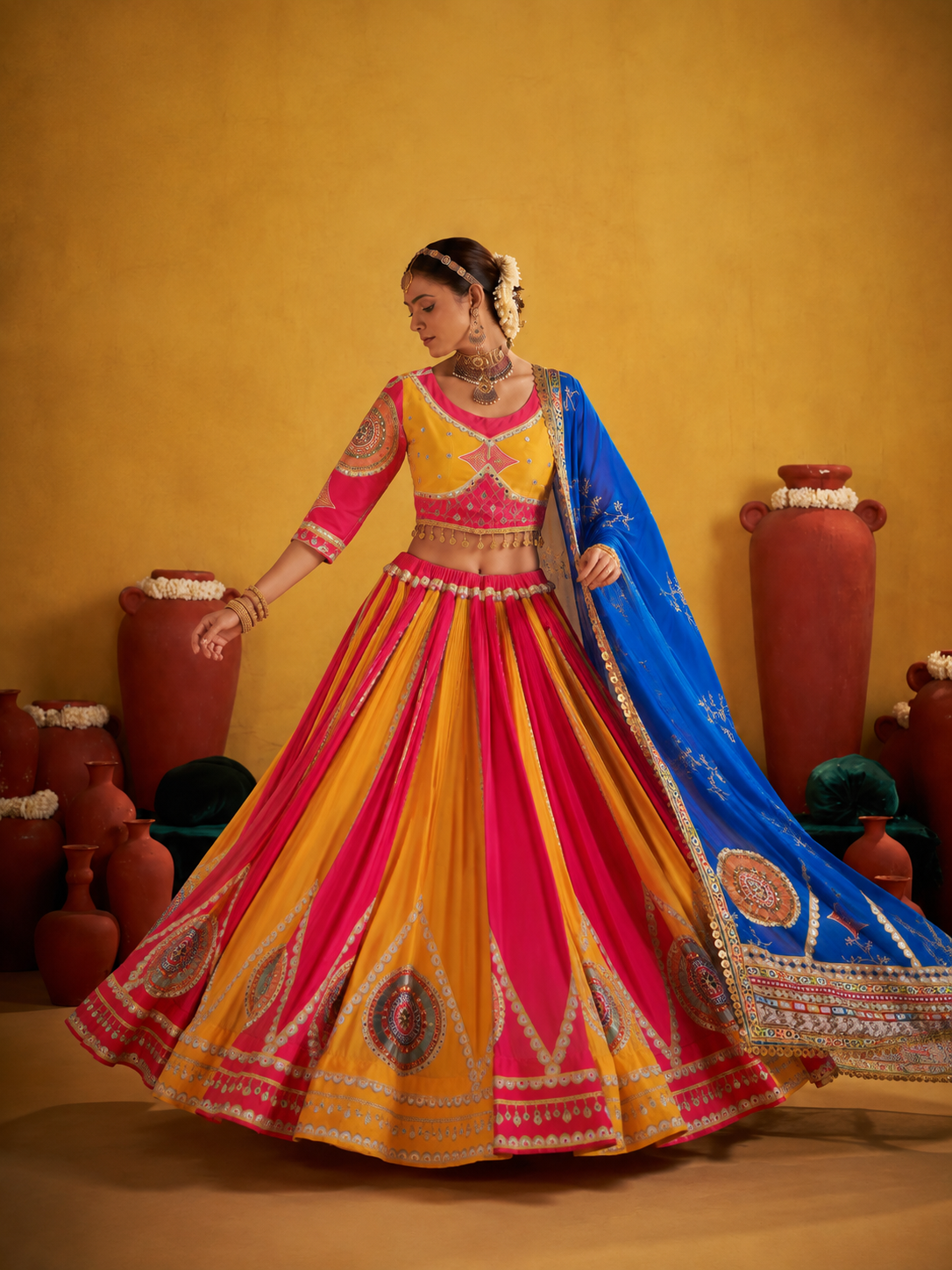 Digital Print Mirror Work Navratri Lehenga Set - Pink Yellow