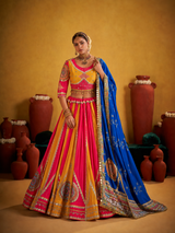 Digital Print Mirror Work Navratri Lehenga Set - Pink Yellow