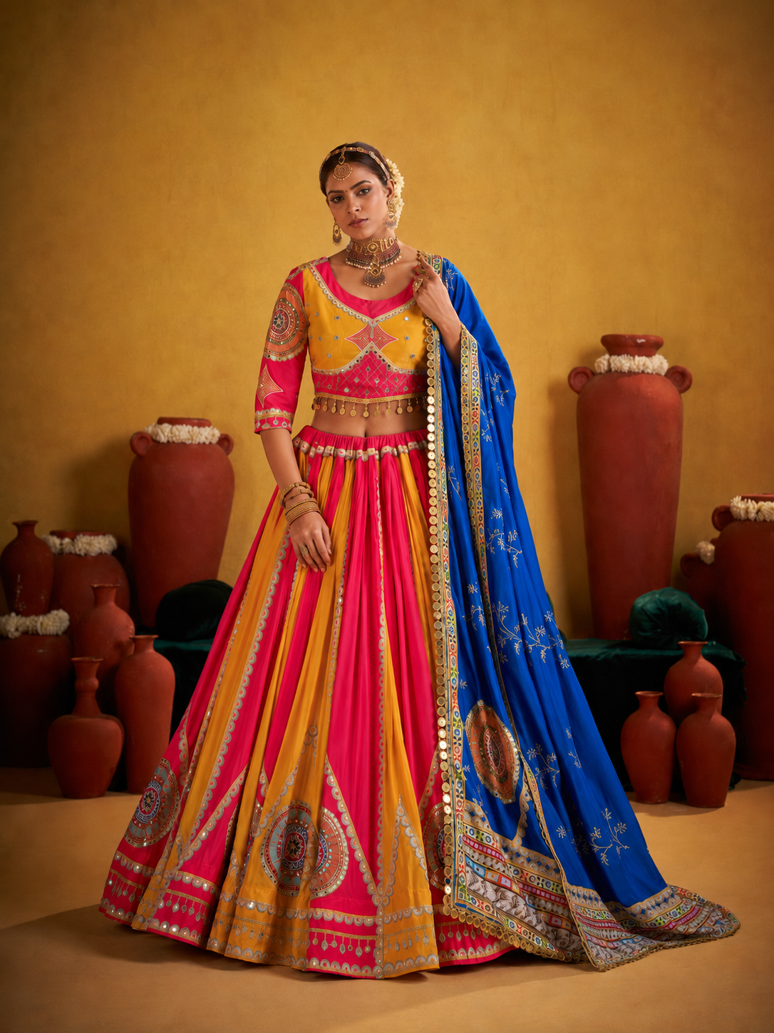 Digital Print Mirror Work Navratri Lehenga Set - Pink Yellow