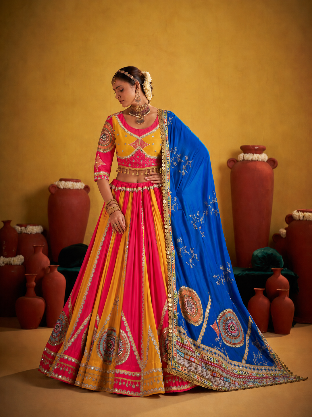 Digital Print Mirror Work Navratri Lehenga Set - Pink Yellow