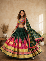 Digital Print Mirror Work Navratri Lehenga Set - Green