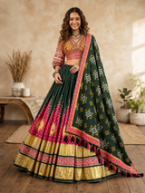Digital Print Mirror Work Navratri Lehenga Set - Green