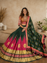 Digital Print Mirror Work Navratri Lehenga Set - Green