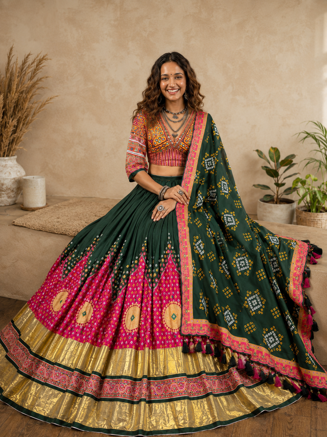 Digital Print Mirror Work Navratri Lehenga Set - Green