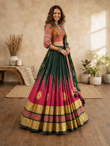 Digital Print Mirror Work Navratri Lehenga Set - Green