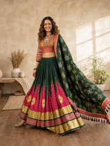 Digital Print Mirror Work Navratri Lehenga Set - Green