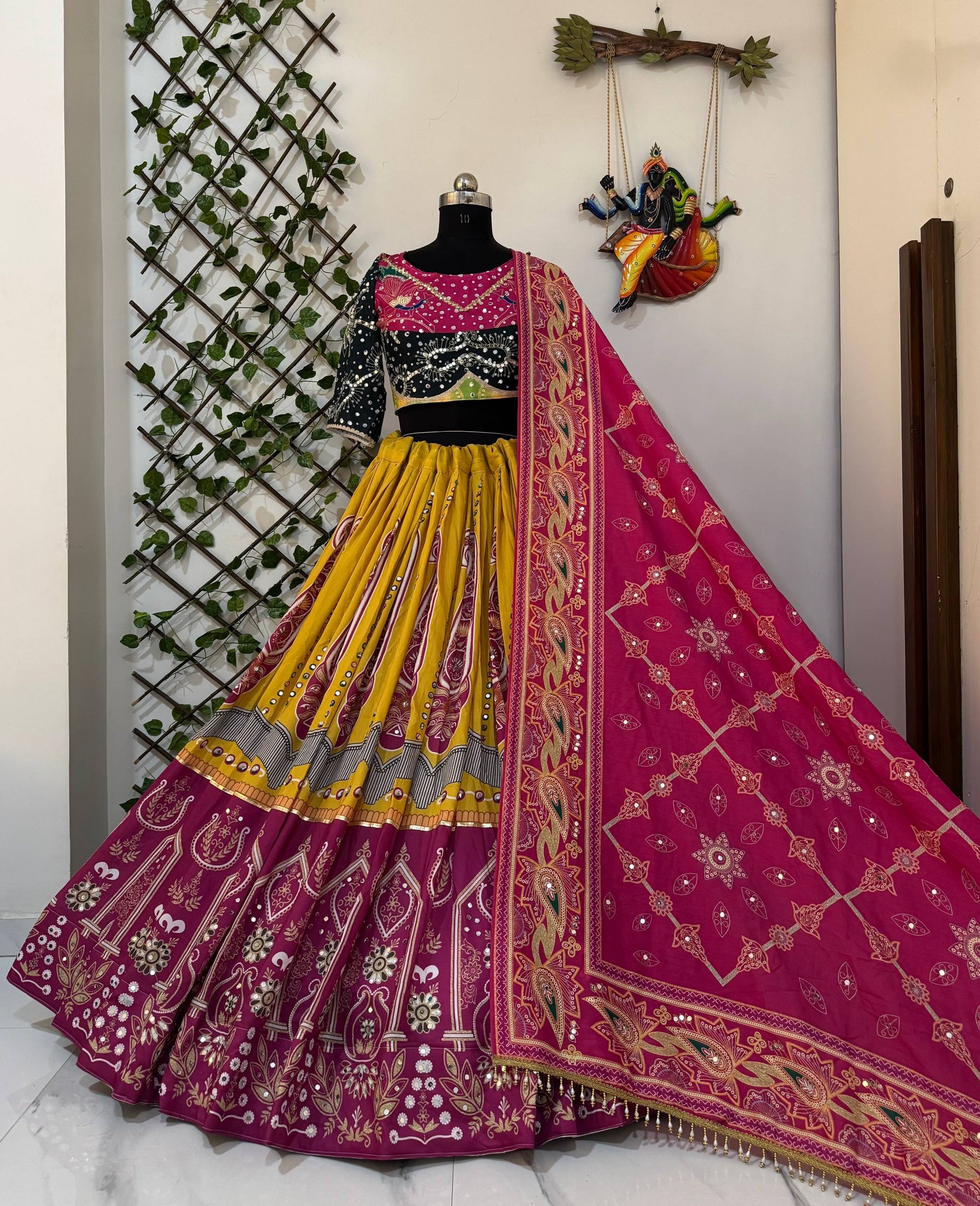 Rangmohini Mirror Work Navratri Lehenga Set - Mustard Pink