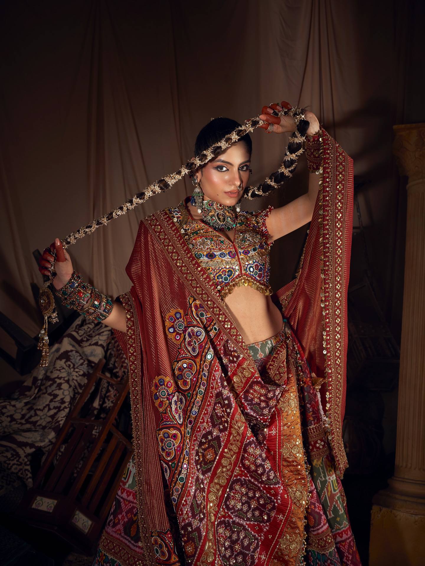 Mirror Work Muslin Cotton Navratri Lehenga Set