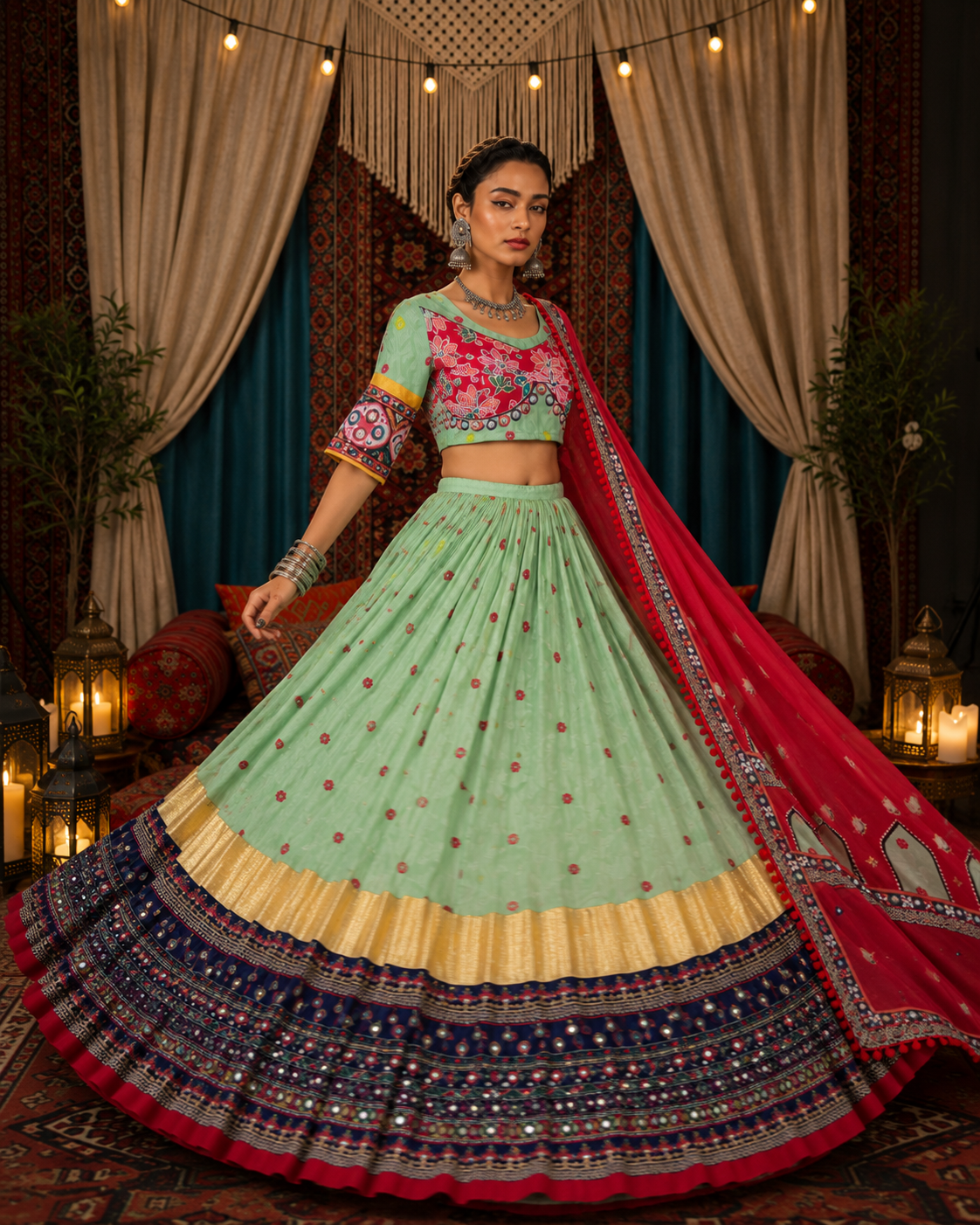 Digital Print Mirror Work Navratri Lehenga Set - Sea Green