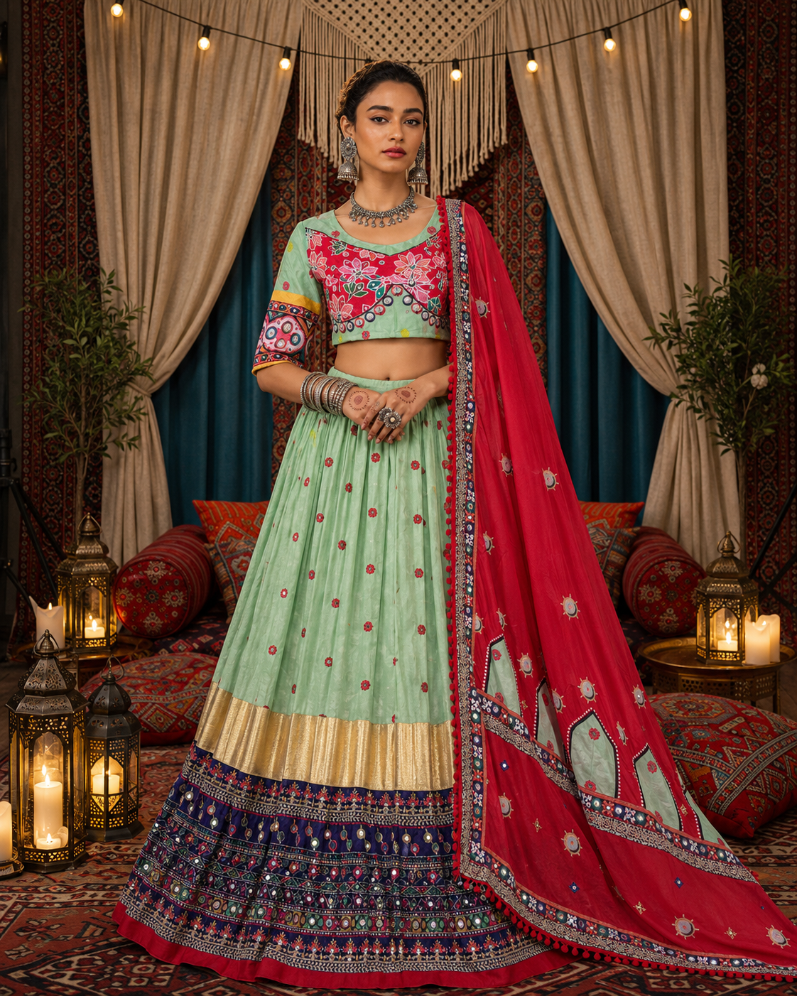 Digital Print Mirror Work Navratri Lehenga Set - Sea Green