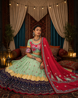Digital Print Mirror Work Navratri Lehenga Set - Sea Green