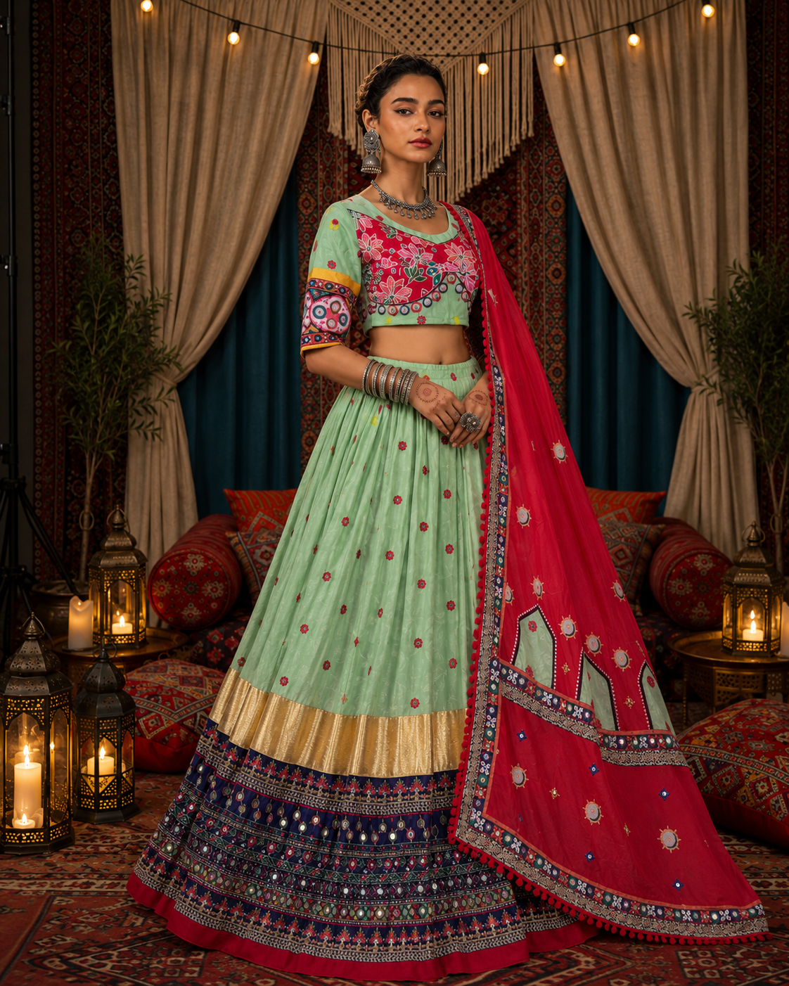 Digital Print Mirror Work Navratri Lehenga Set - Sea Green