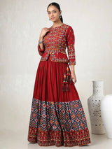 Red & Orange Mirror Work Navratri Lehenga Set