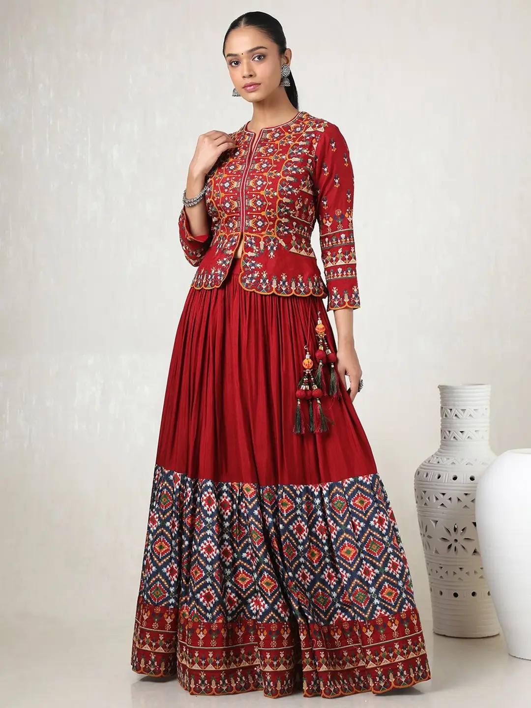 Red & Orange Mirror Work Navratri Lehenga Set