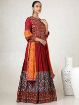 Red & Orange Mirror Work Navratri Lehenga Set