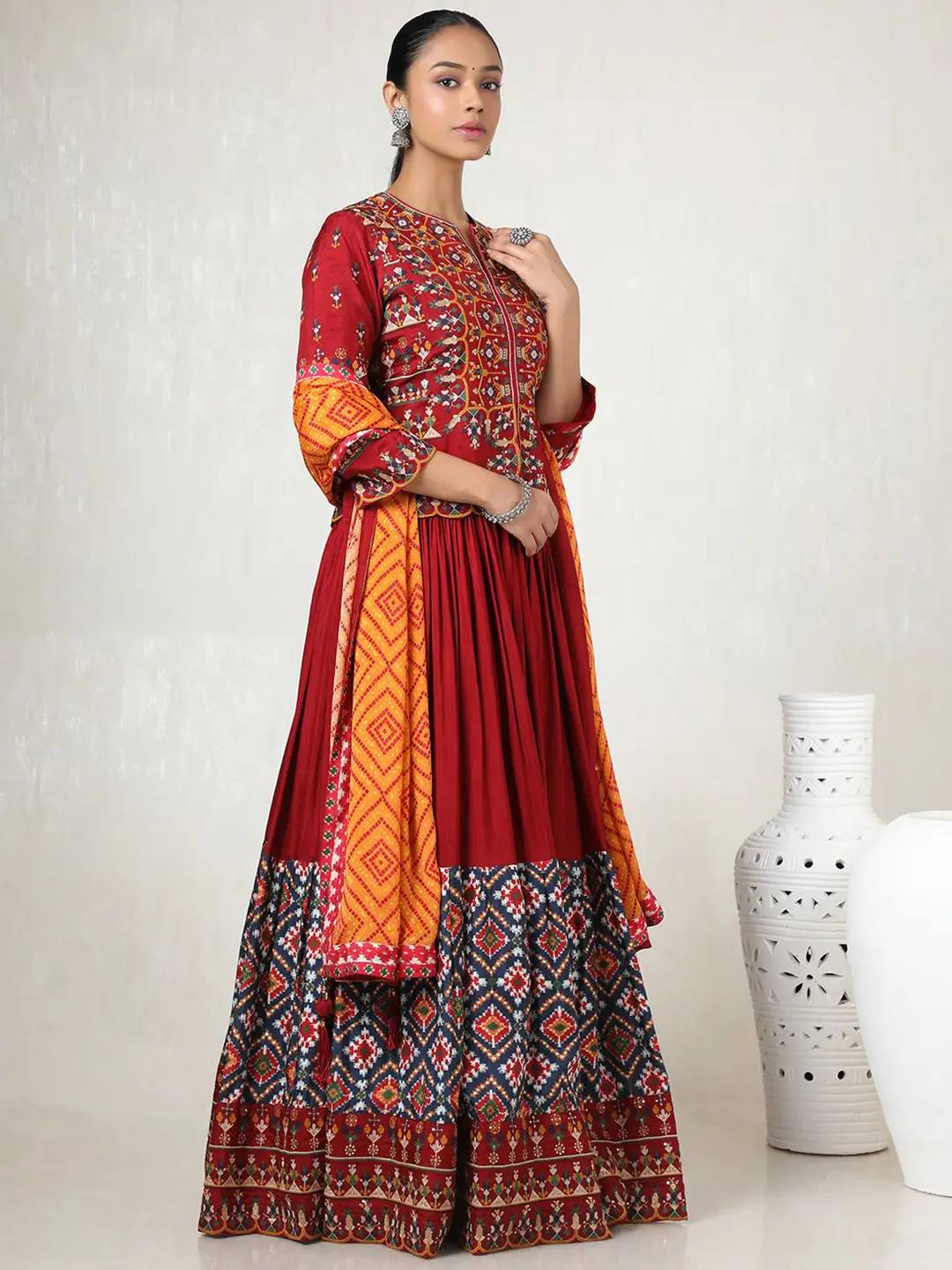Red & Orange Mirror Work Navratri Lehenga Set