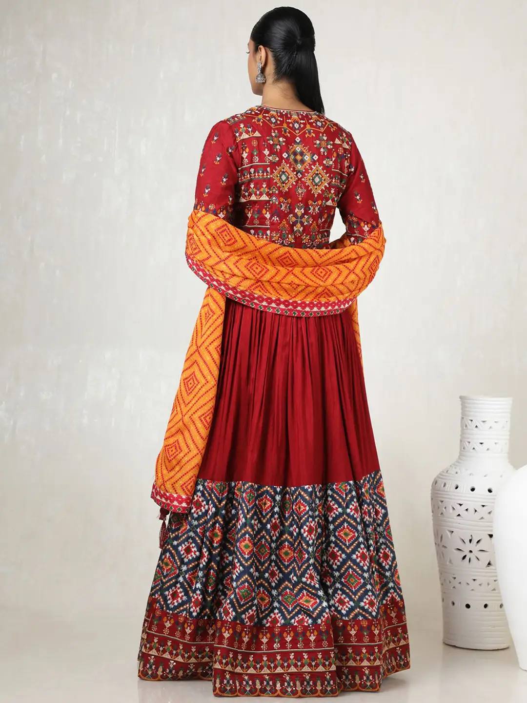 Red & Orange Mirror Work Navratri Lehenga Set