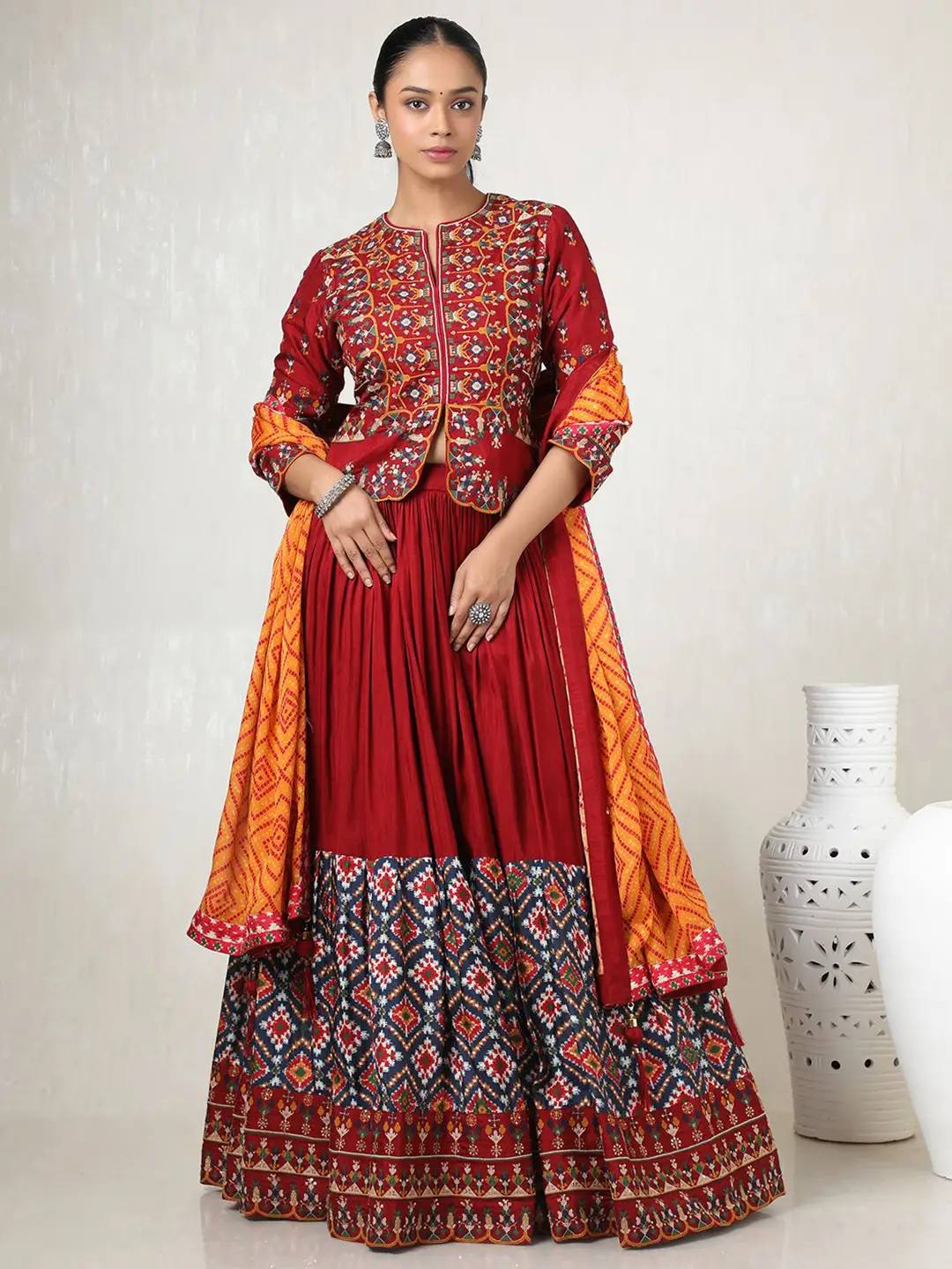Red & Orange Mirror Work Navratri Lehenga Set