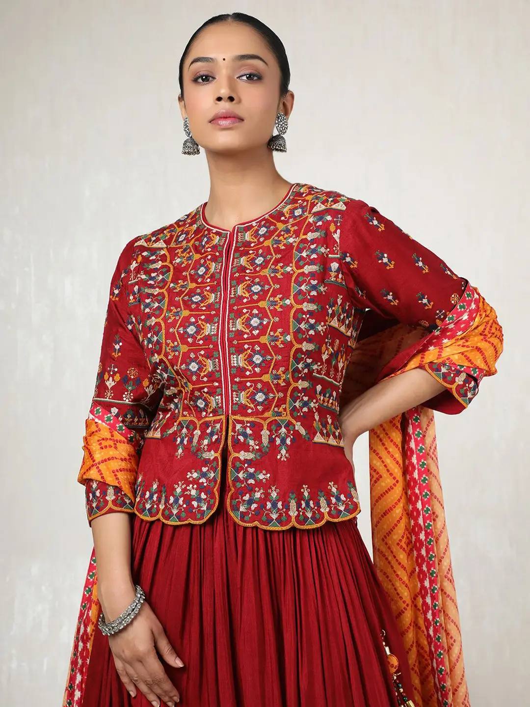 Red & Orange Mirror Work Navratri Lehenga Set