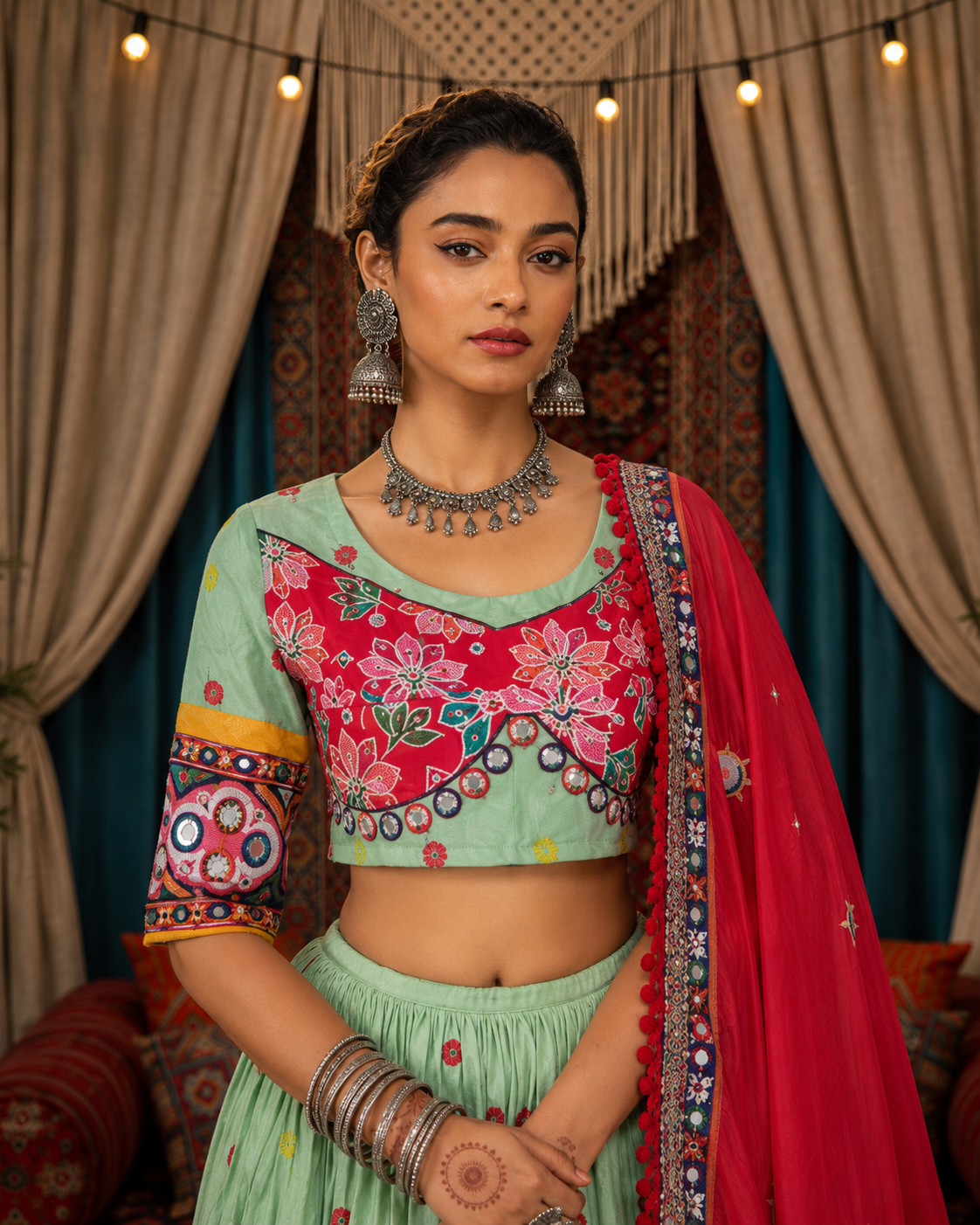 Digital Print Mirror Work Navratri Lehenga Set - Sea Green