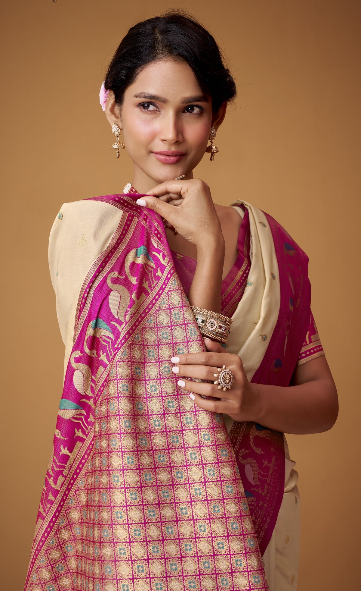 Cream Soft Satin Silk Saree With Pink Traditional Motif Border