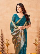 Teal Blue Maheshwari Cotton Saree with Zari Lines & Rich Tissue Paithani Pallu