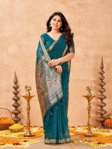 Teal Blue Maheshwari Cotton Saree with Zari Lines & Rich Tissue Paithani Pallu