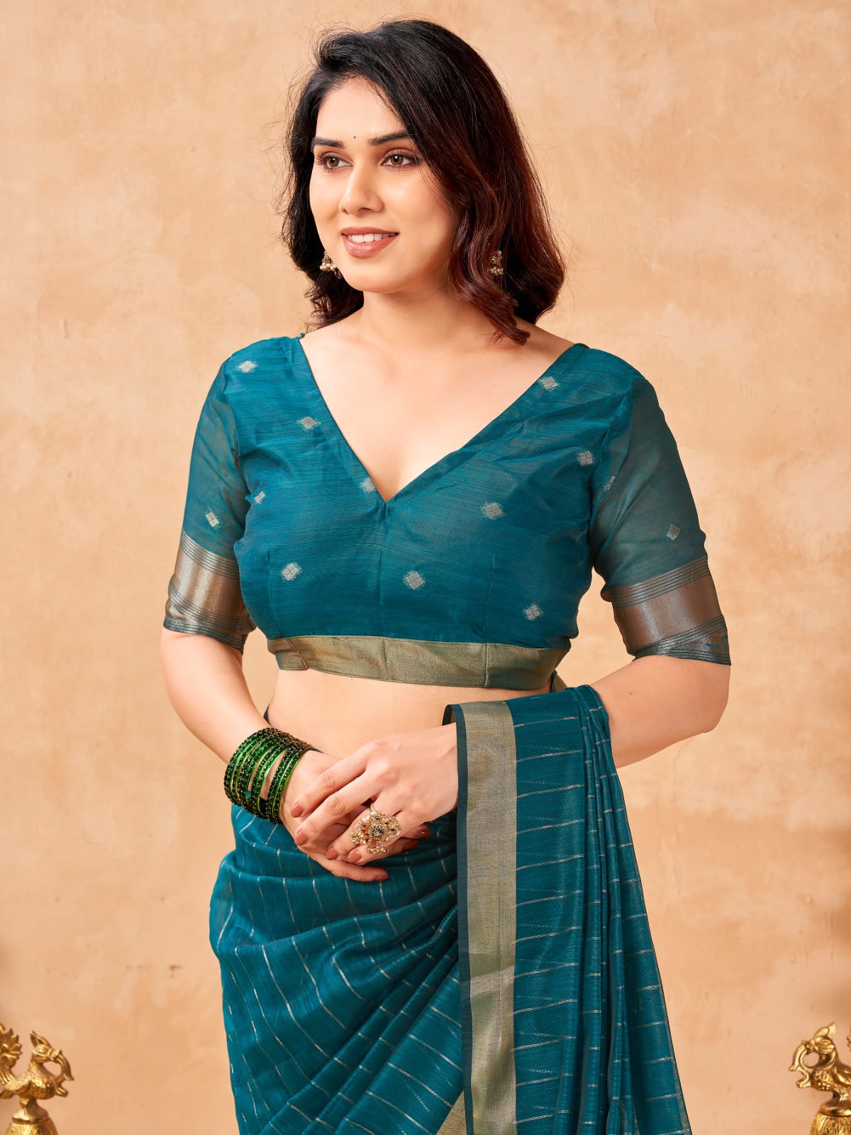 Teal Blue Maheshwari Cotton Saree with Zari Lines & Rich Tissue Paithani Pallu