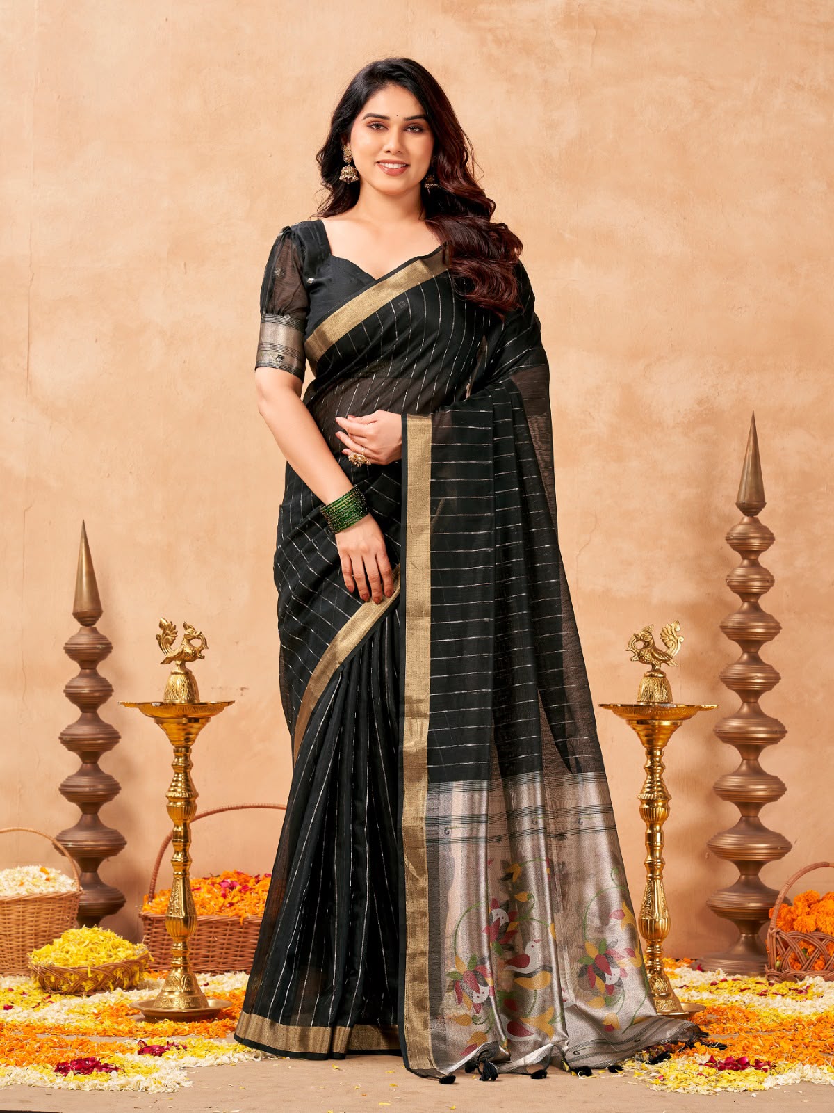 Black Maheshwari Cotton Saree with Zari Lines & Rich Tissue Paithani Pallu