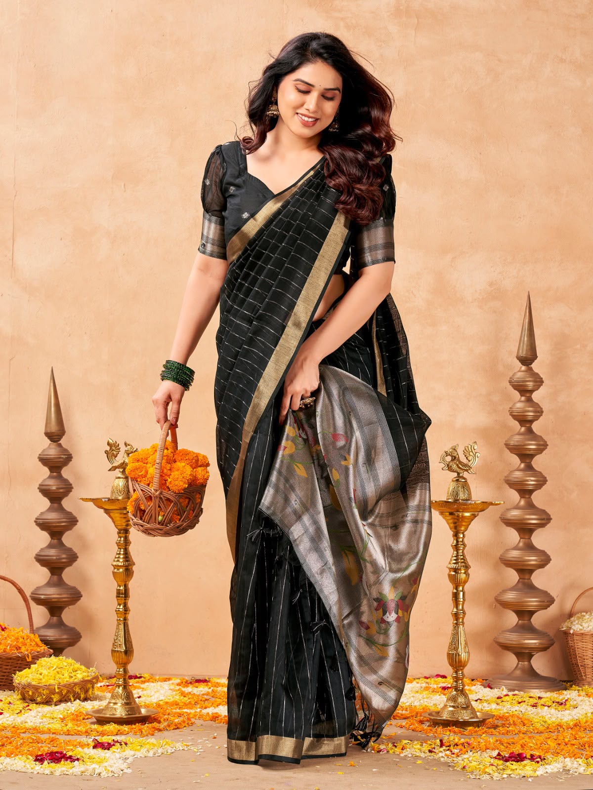 Black Maheshwari Cotton Saree with Zari Lines & Rich Tissue Paithani Pallu