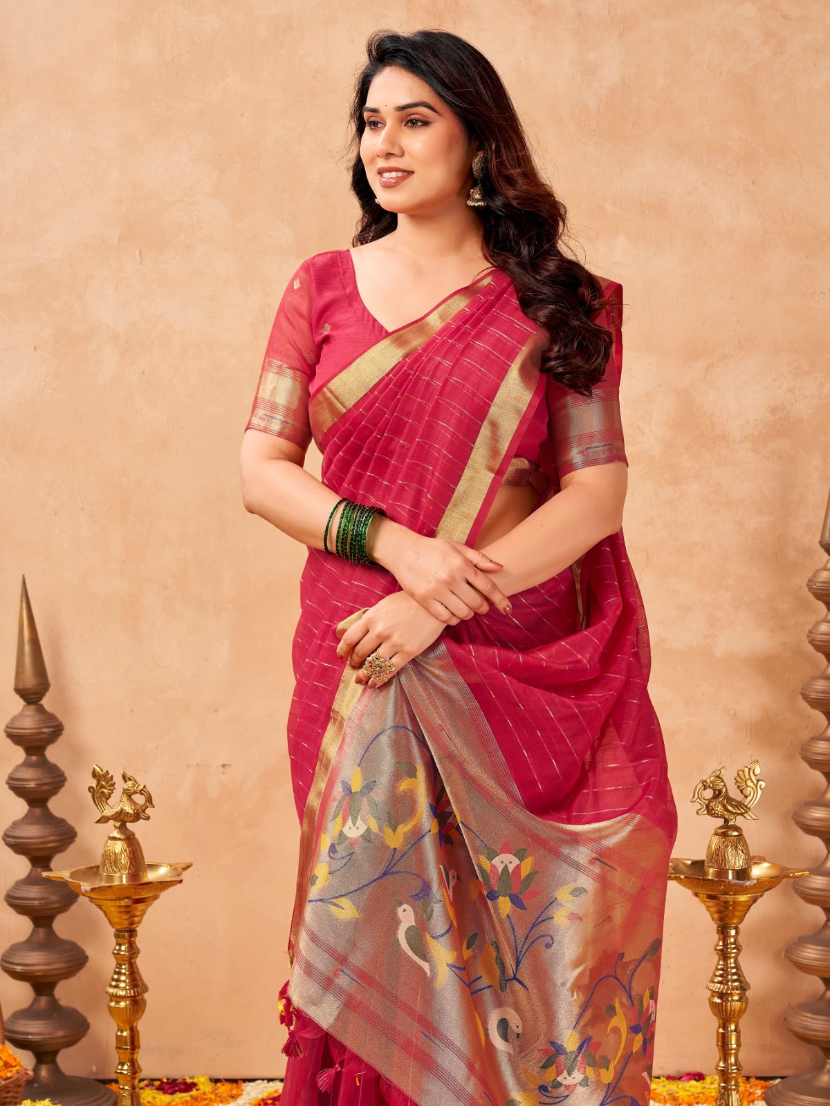 Red Maheshwari Cotton Saree with Zari Weaving & Rich Tissue Paithani Pallu | Aahshri