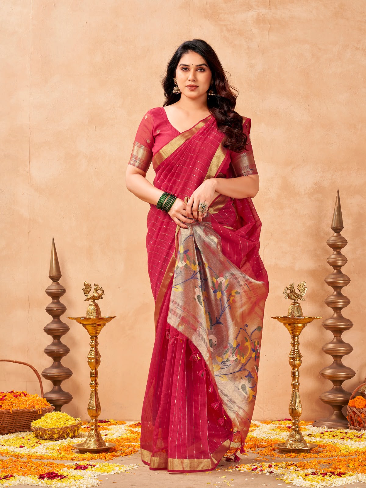 Red Maheshwari Cotton Saree with Zari Weaving & Rich Tissue Paithani Pallu | Aahshri