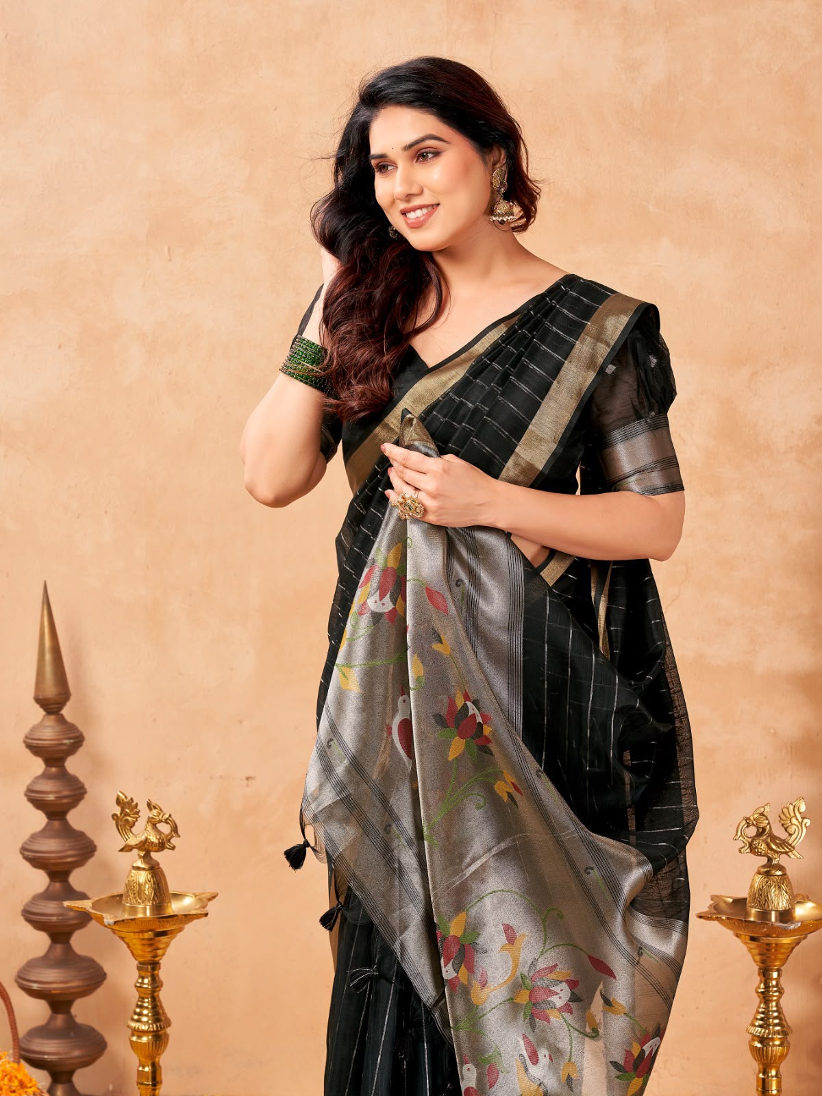 Black Maheshwari Cotton Saree with Zari Lines & Rich Tissue Paithani Pallu