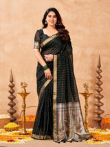 Black Maheshwari Cotton Saree with Zari Lines & Rich Tissue Paithani Pallu