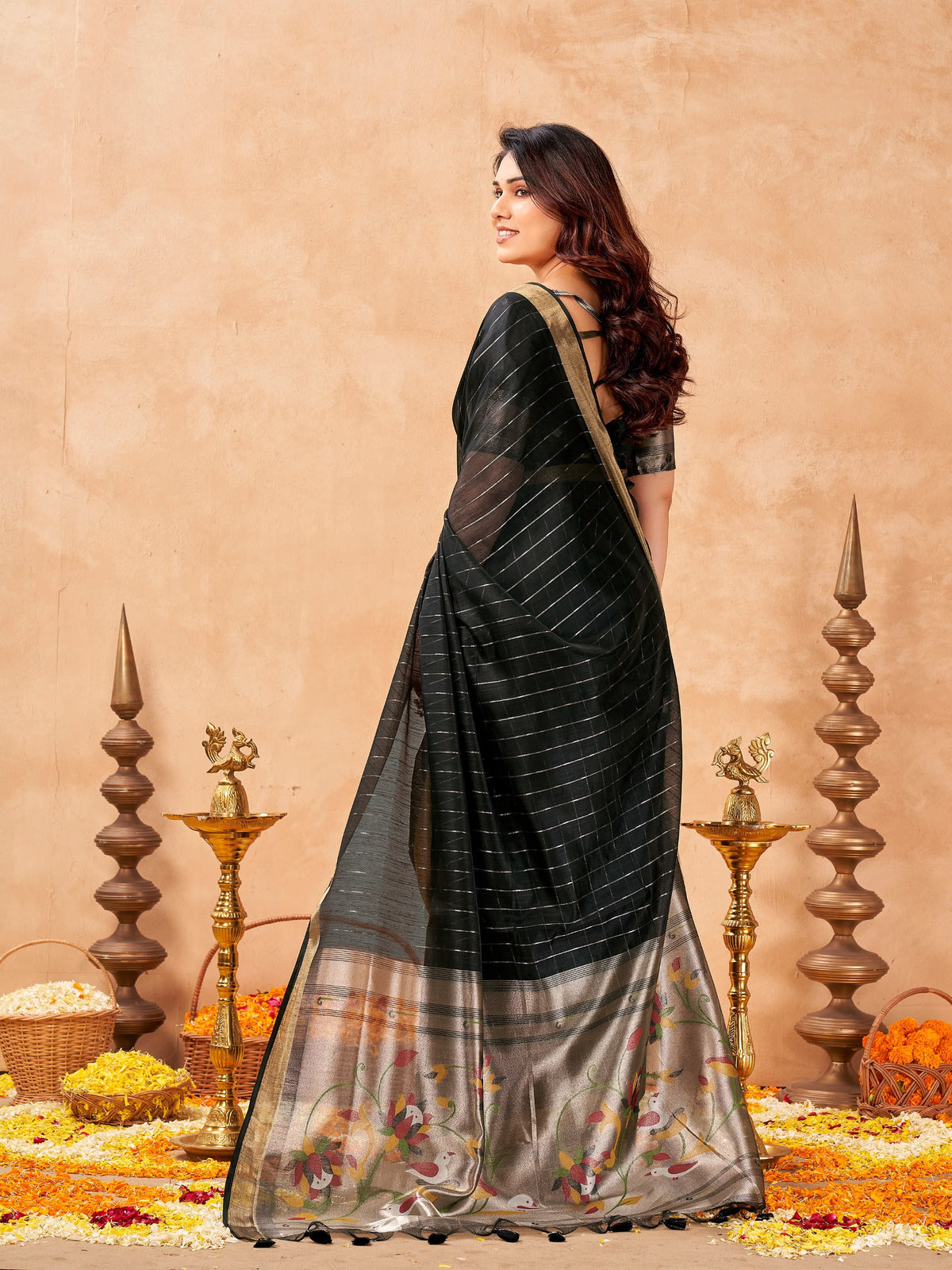 Black Maheshwari Cotton Saree with Zari Lines & Rich Tissue Paithani Pallu
