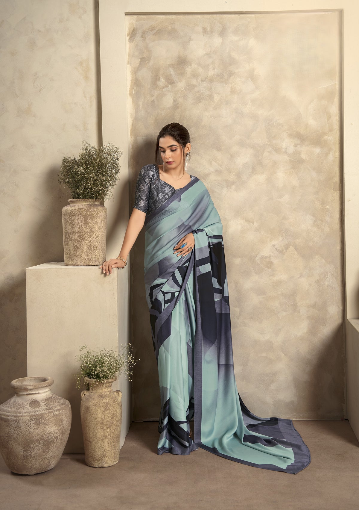 Sea Green Satin Silk Saree with Modern Geometric Print & Contrast Pallu